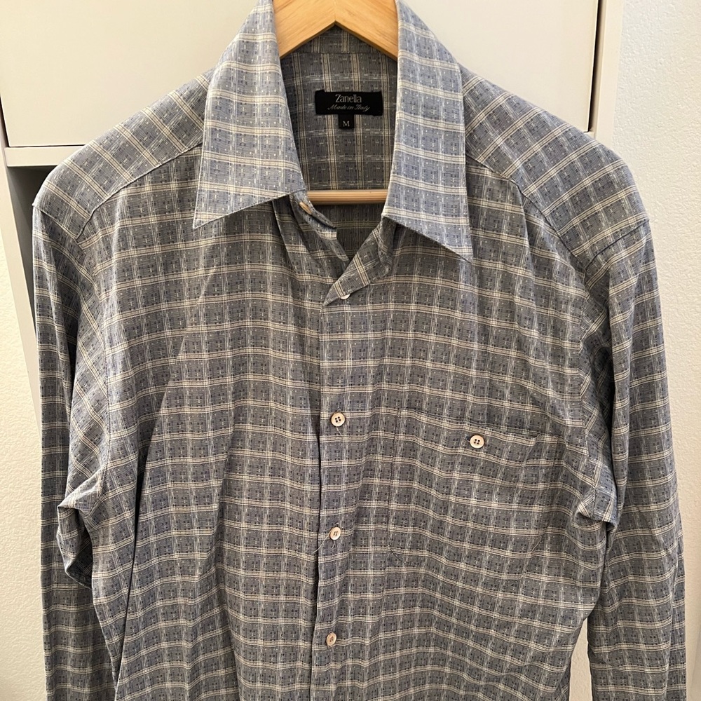 Zanella Men’s Blue/Grey/Beige Patterned Long Sleeve Shirt (US M)